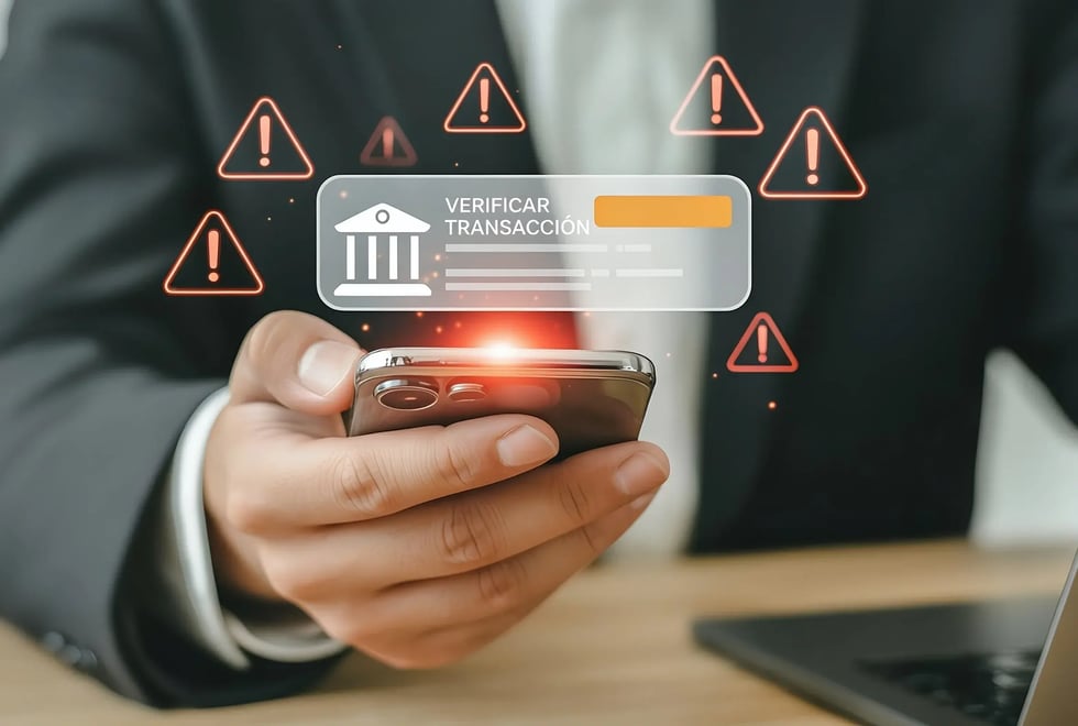 Alerta de verificación de transacción sospechosa en banca móvil para prevención de fraude