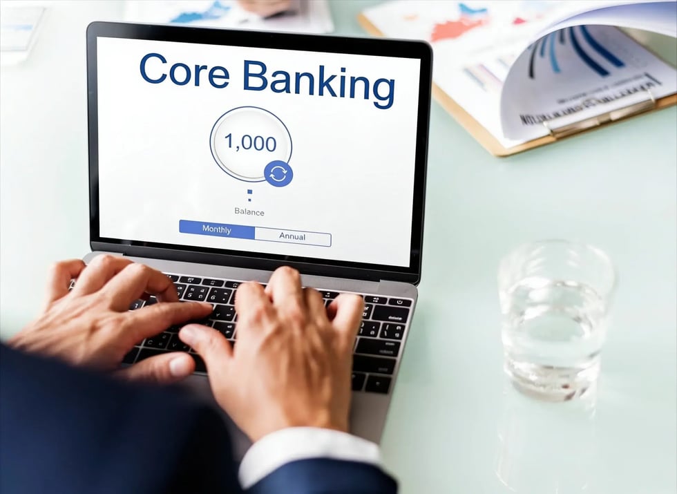 Ejecutivo de banca usando un sistema core banking en laptop